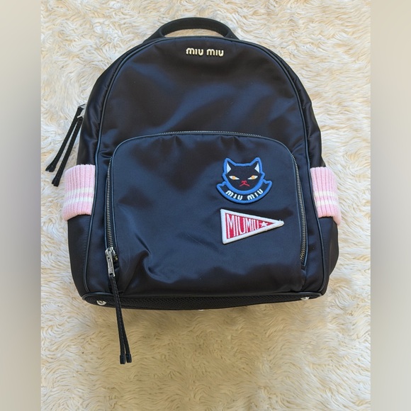 Miu Miu Handbags - Miu Miu Black Nylon/Knit Cat Applique Backpack